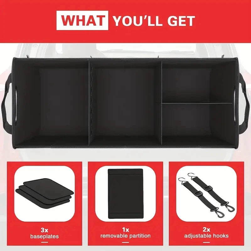 95L Foldable Car Trunk Organizer with Adjustable Compartments and Storage Pockets