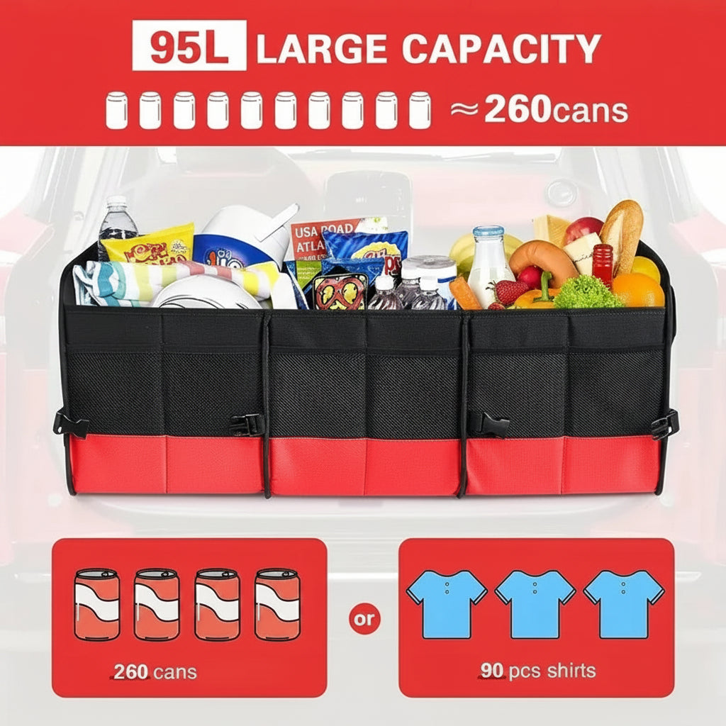 95L Foldable Car Trunk Organizer with Adjustable Compartments and Storage Pockets