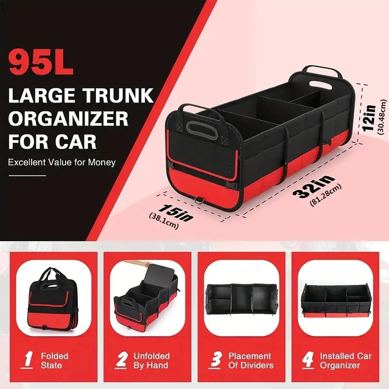 95L Foldable Car Trunk Organizer with Adjustable Compartments and Storage Pockets