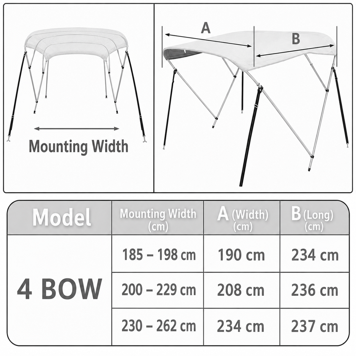 4 Bow Boat Bimini Top Replacement Canvas Grey Waterproof 185–262cm