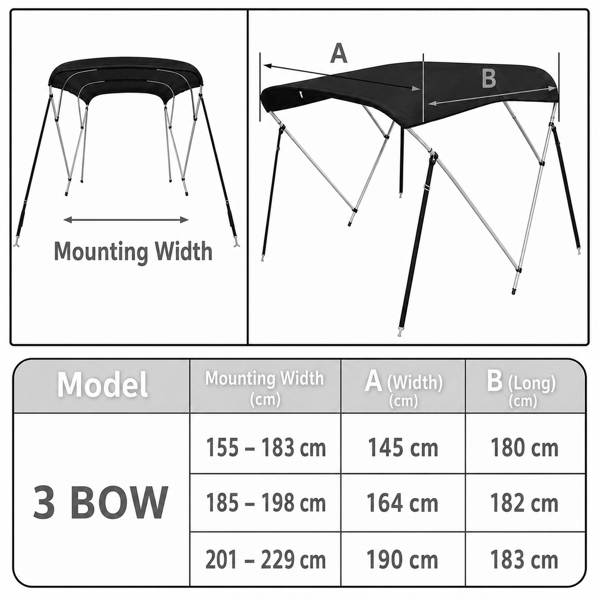 3 Bow Boat Bimini Top Replacement Canvas Black Waterproof 155–229cm