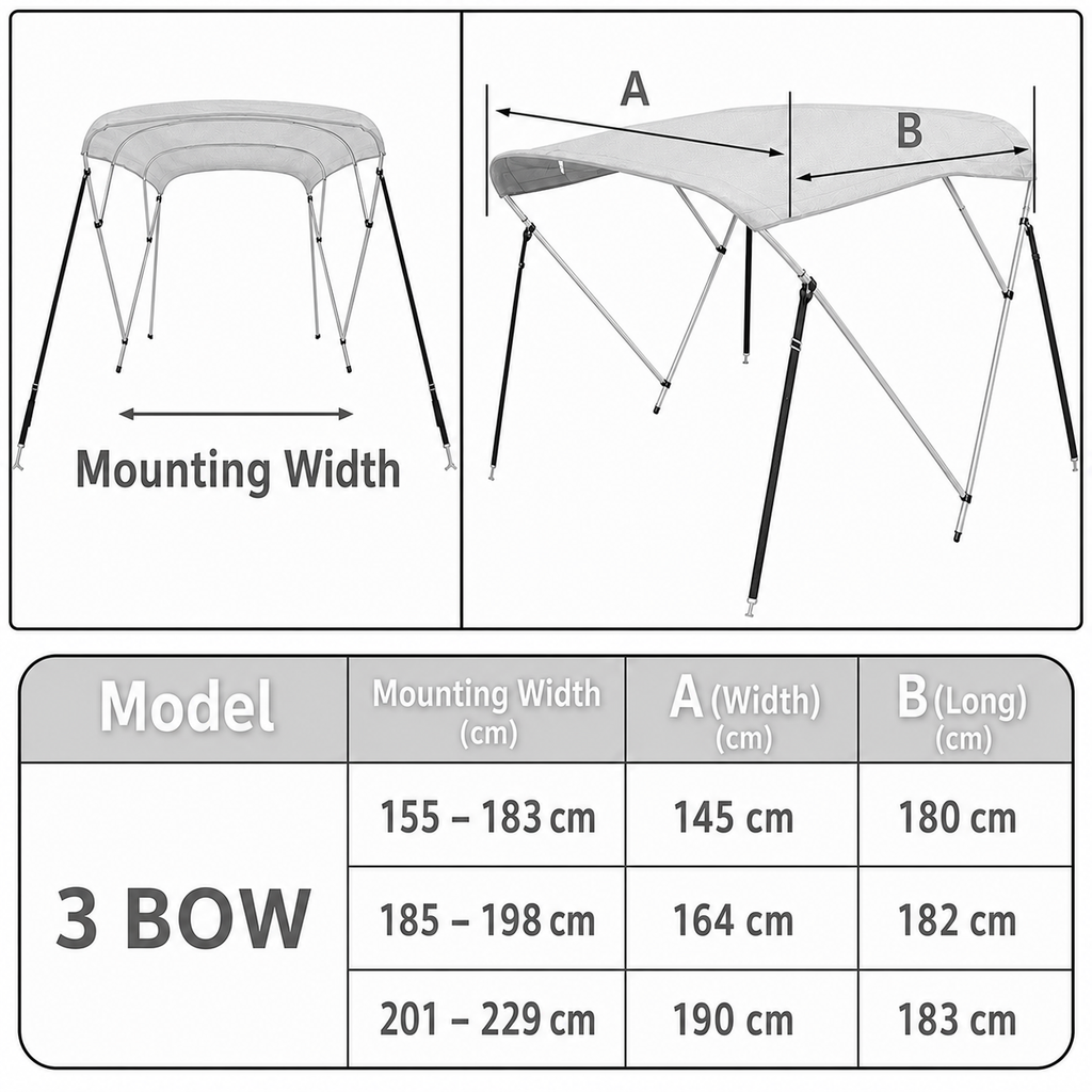 3 Bow Boat Bimini Top Replacement Canvas White Waterproof 155–229cm