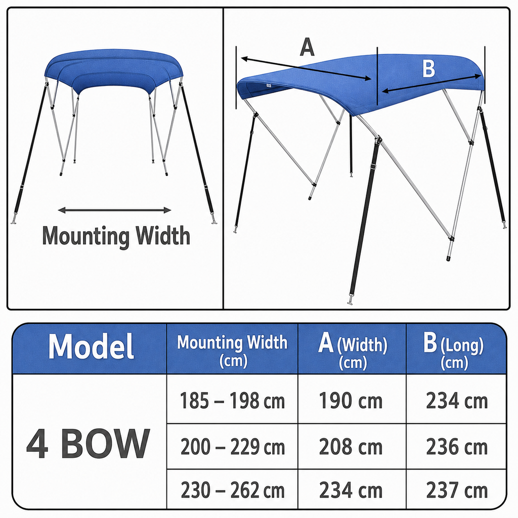 4 Bow Boat Bimini Top Replacement Canvas Blue Waterproof 185–262cm