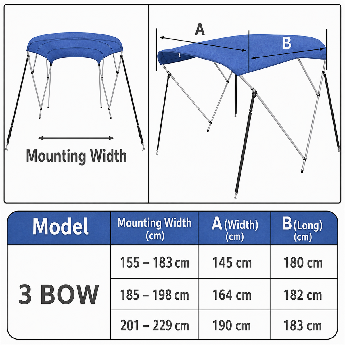 3 Bow Boat Bimini Top Replacement Canvas Blue Waterproof 155–229cm