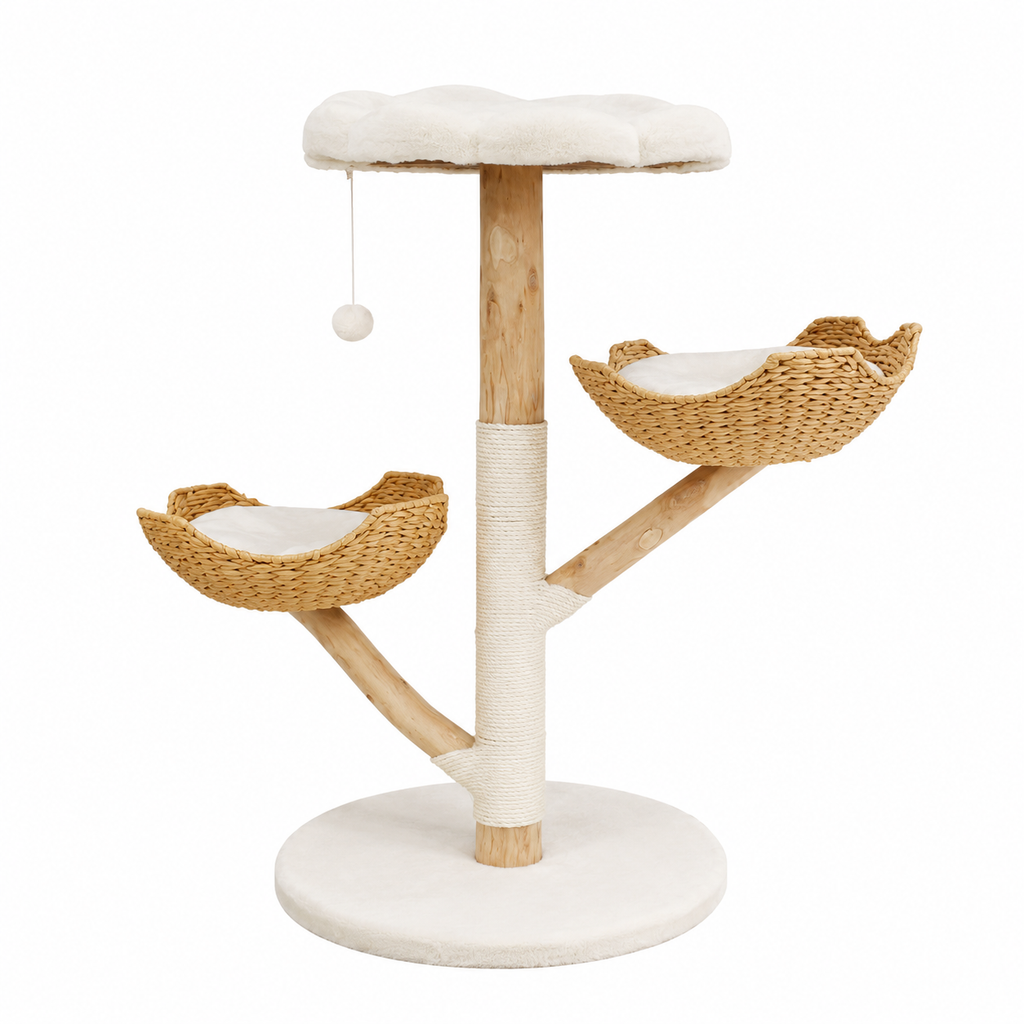 110cm Natural Wood Cat Tree with Scratching Post Basket Bed and Hanging Toy for Indoor Cats