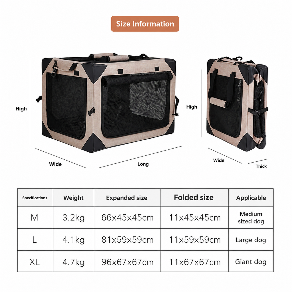 Foldable Soft Pet Travel Crate with Cushion and Carry Handles for Dogs and Cats