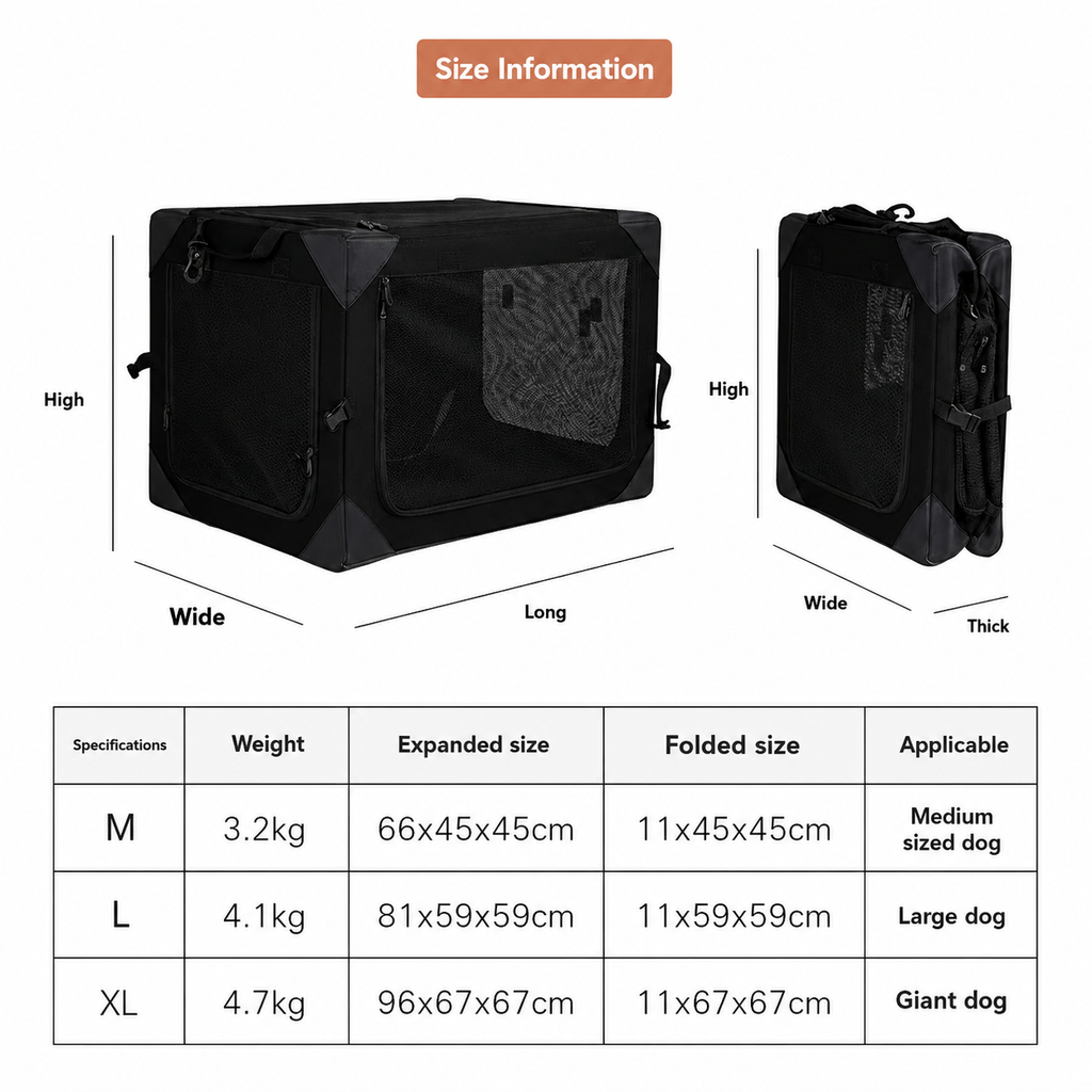Foldable Soft Pet Travel Crate with Cushion and Carry Handles for Dogs and Cats
