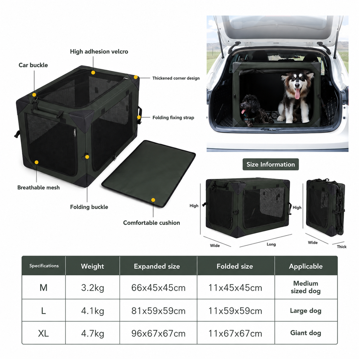 Foldable Soft Pet Travel Crate with Cushion and Carry Handles for Dogs and Cats