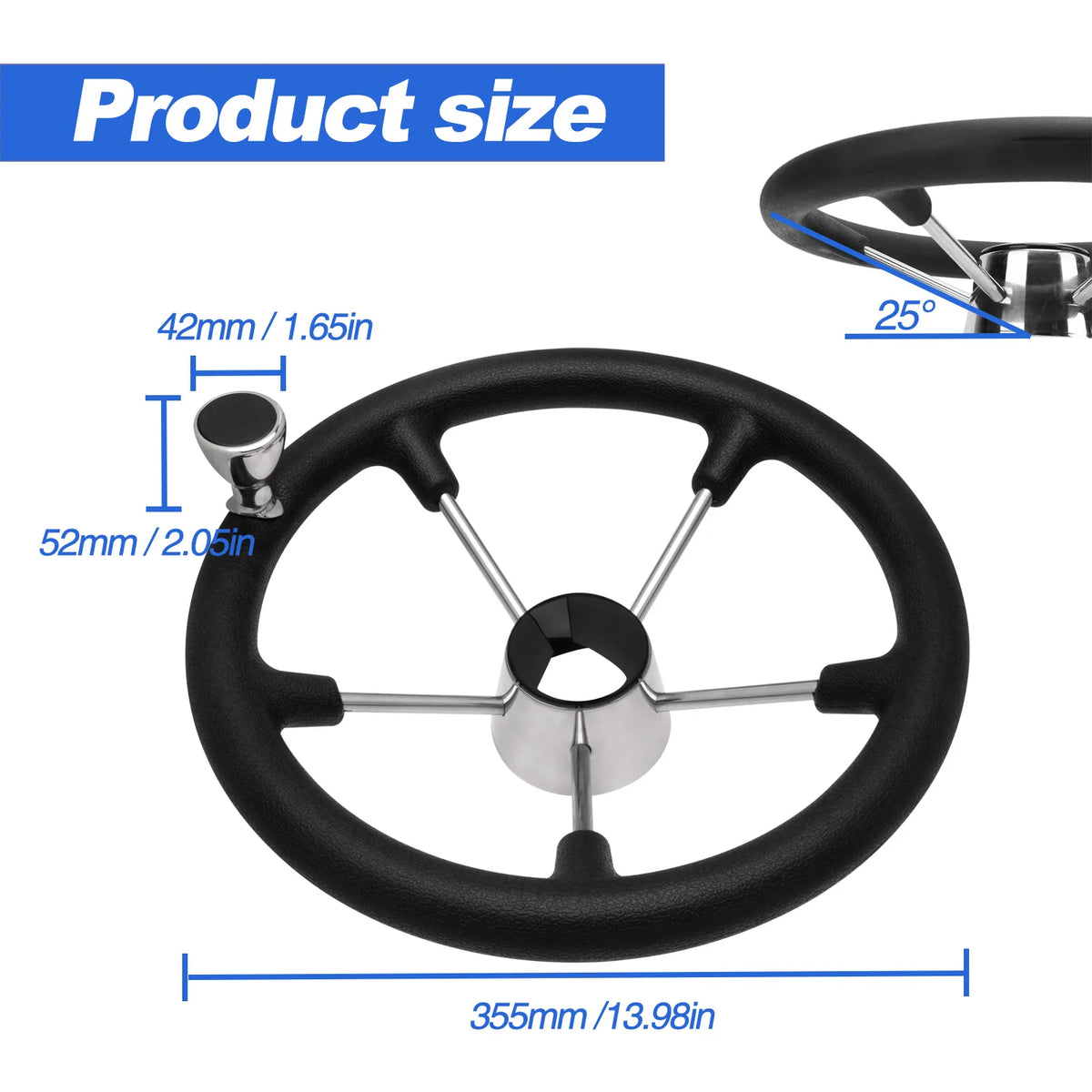Boat Steering Wheel 13.5 Inch Stainless Steel 5 Spoke Marine Wheel with Control Knob