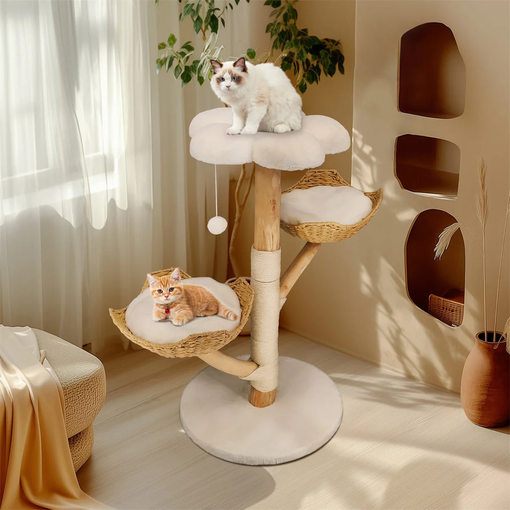 110cm Natural Wood Cat Tree with Scratching Post Basket Bed and Hanging Toy for Indoor Cats
