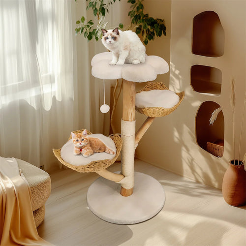 110cm Natural Wood Cat Tree with Scratching Post Basket Bed and Hanging Toy for Indoor Cats