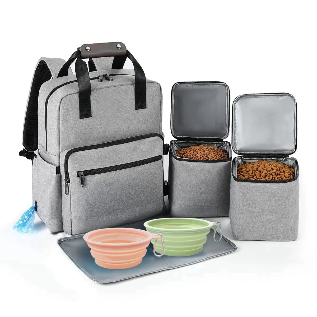 Portable Pet Travel Backpack Set with Food Containers and Collapsible Bowls
