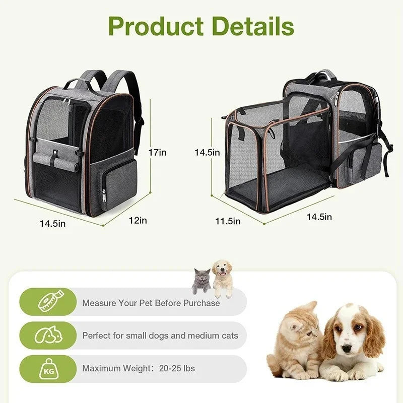 Expandable Pet Carrier Backpack with Mesh Ventilation for Cats and Dogs