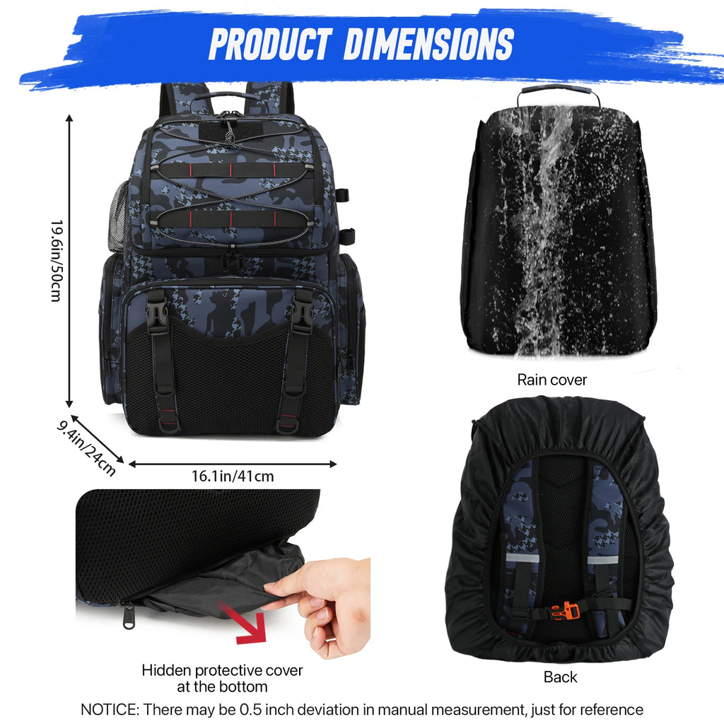 45L Fishing Backpack with Cooler Compartment Rod Holders and Rain Cover