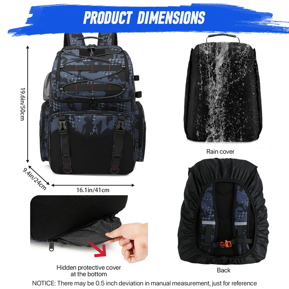45L Fishing Backpack with Cooler Compartment Rod Holders and Rain Cover