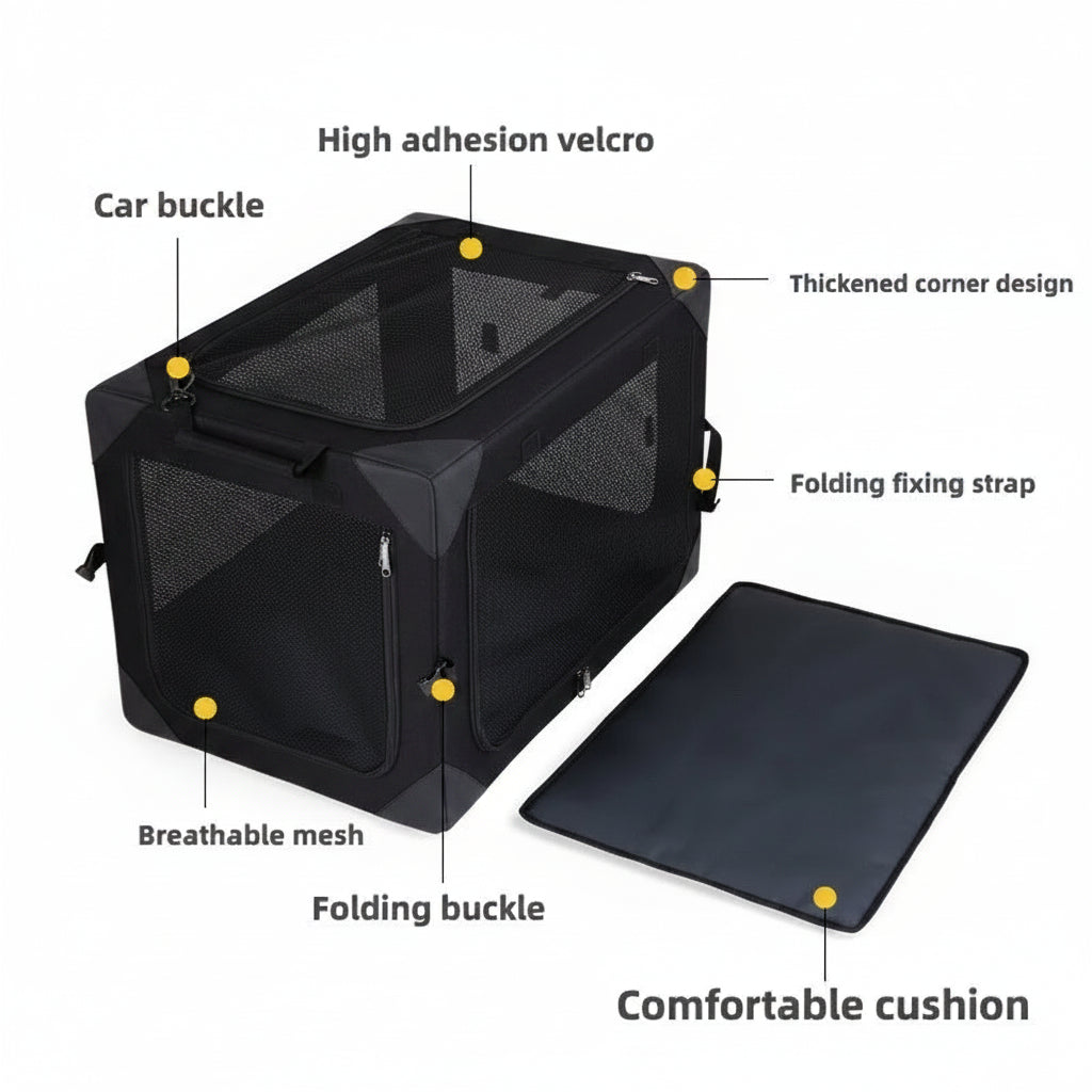Foldable Soft Pet Travel Crate with Cushion and Carry Handles for Dogs and Cats
