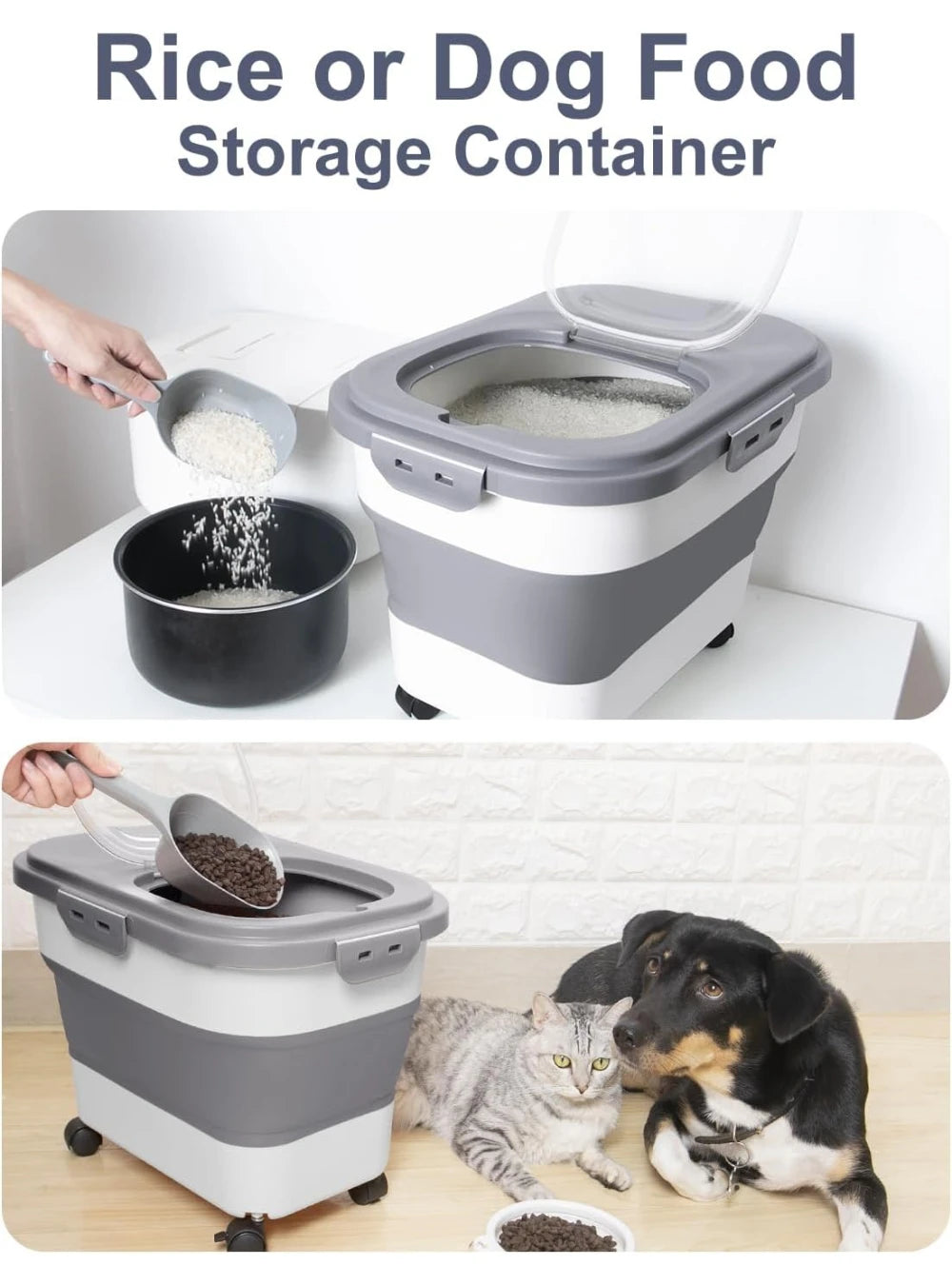 Foldable Pet Food Storage Container with Wheels and Clear Lid Large Capacity Dry Food Bin