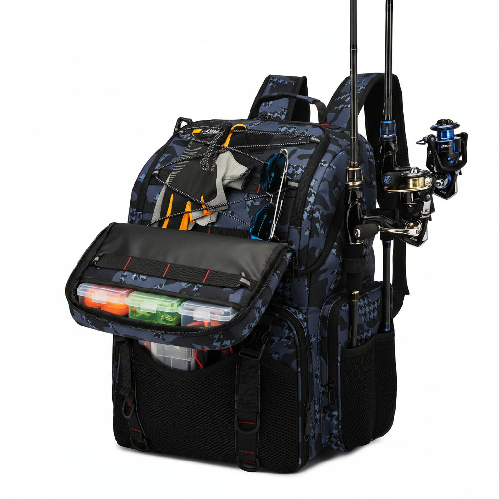 45L Fishing Backpack with Cooler Compartment Rod Holders and Rain Cover