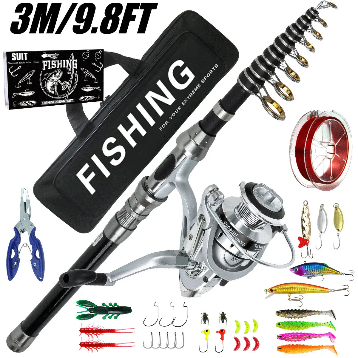 Telescopic Fishing Rod and Spinning Reel Combo Set with Tackle and Carry Case