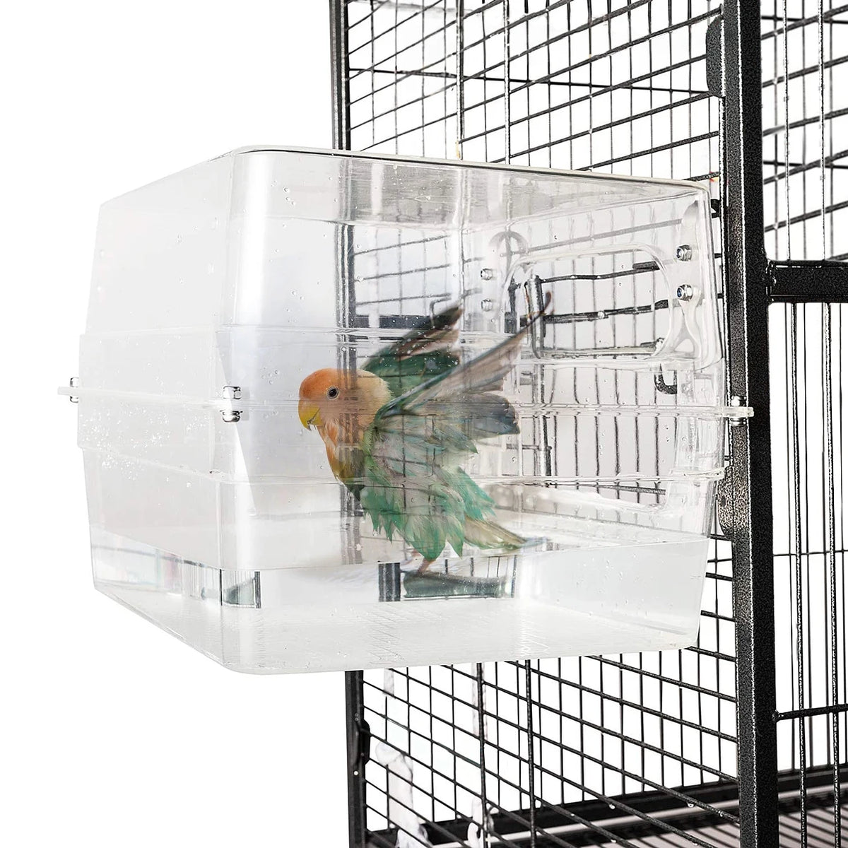 Large Transparent Bird Bath Box for Cage Birds Parrots with Perch Portable Hanging Bird Bath