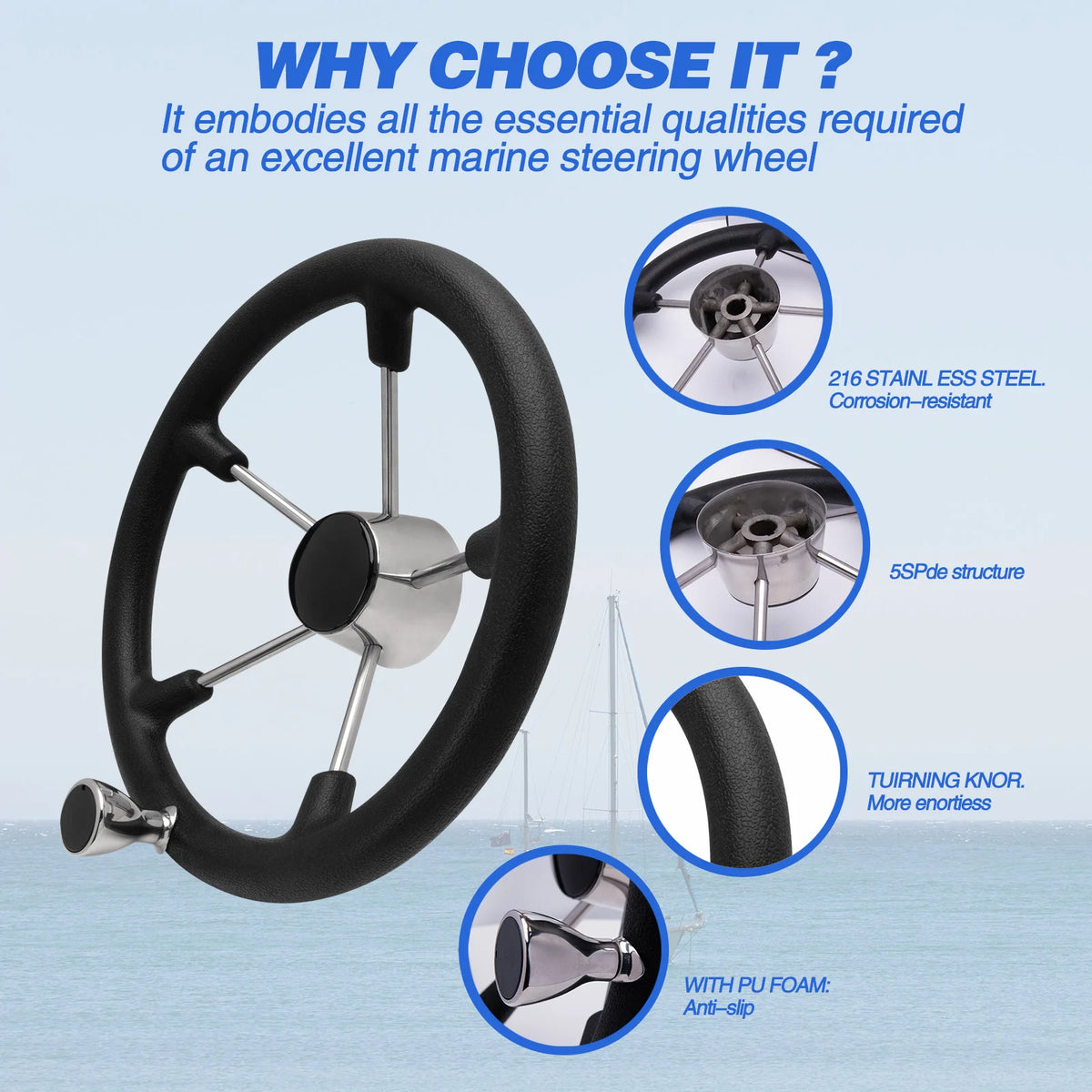 Boat Steering Wheel 13.5 Inch Stainless Steel 5 Spoke Marine Wheel with Control Knob
