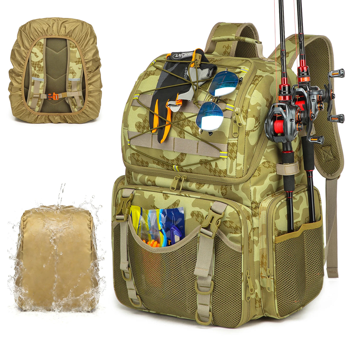 45L Fishing Backpack with Cooler Compartment Rod Holders and Rain Cover