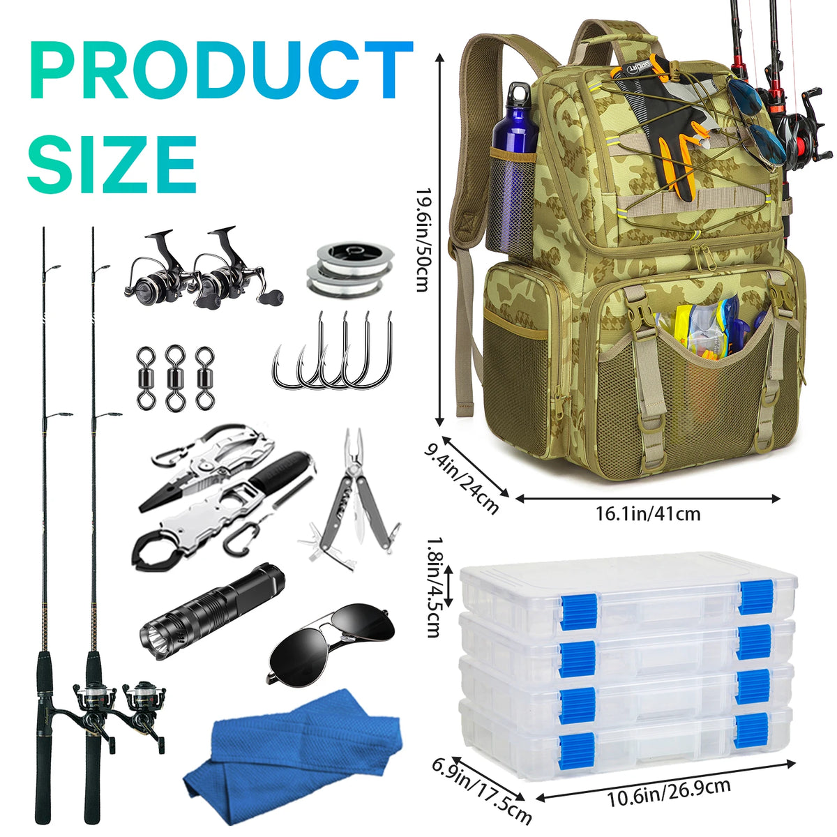 45L Fishing Backpack with Cooler Compartment Rod Holders and Rain Cover