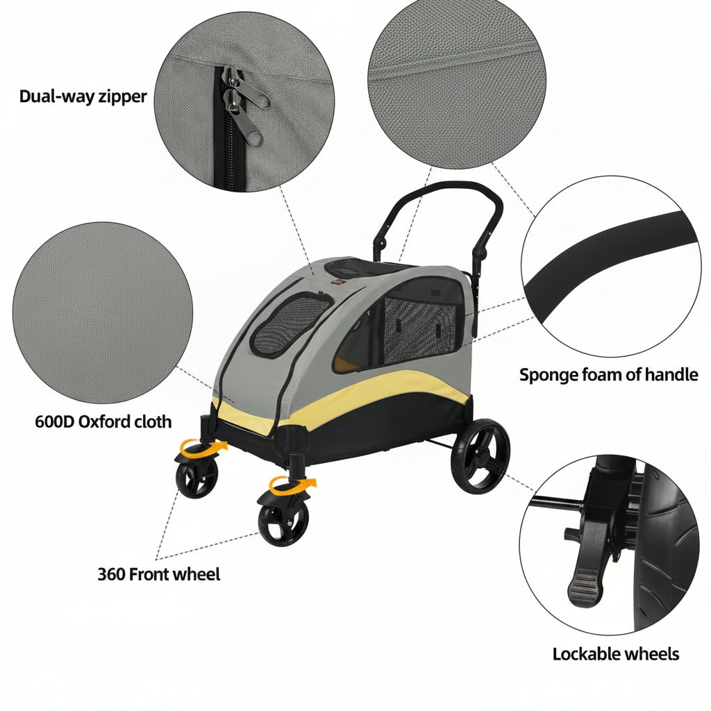 Pet Stroller Foldable 4 Wheel Carrier with Breathable Mesh and Lockable Wheels
