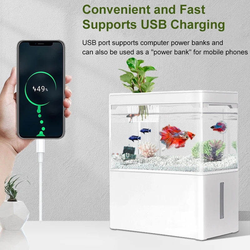 3L USB Powered Mini Aquarium Fish Tank with LED Light, Bottom Filtration and Planter