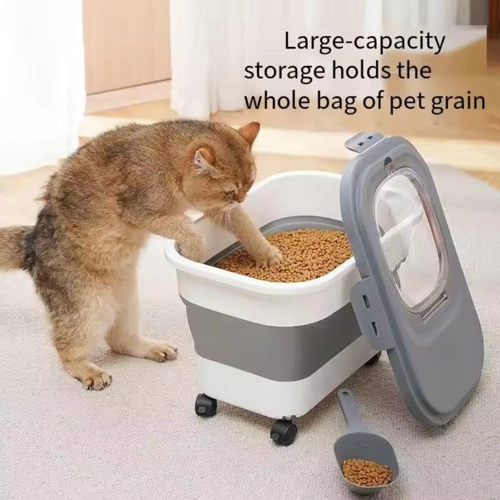 Foldable Pet Food Storage Container with Wheels and Clear Lid Large Capacity Dry Food Bin
