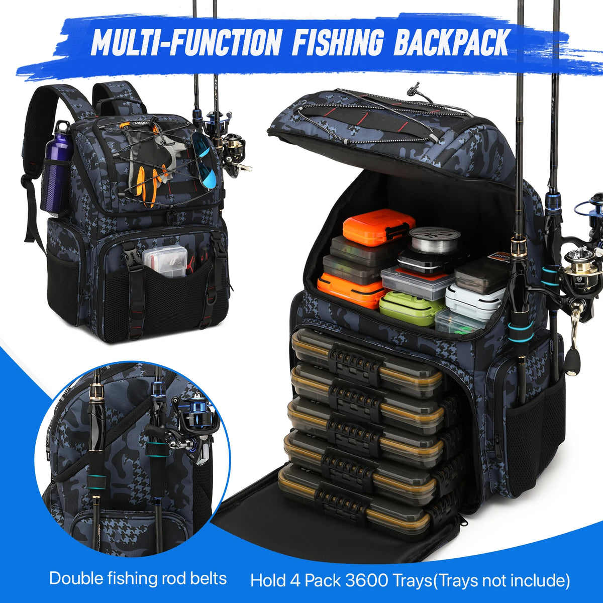 45L Fishing Backpack with Cooler Compartment Rod Holders and Rain Cover