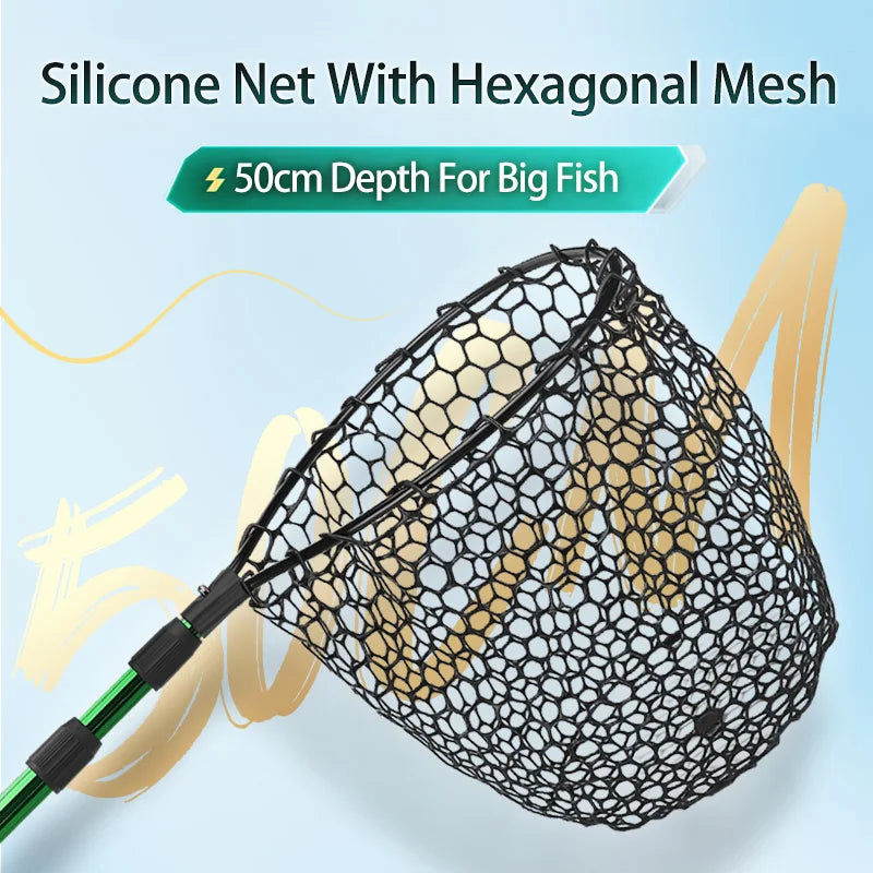 Foldable Telescopic Fishing Landing Net with Silicone Mesh and Aluminium Handle