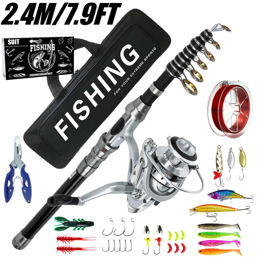 Telescopic Fishing Rod and Spinning Reel Combo Set with Tackle and Carry Case