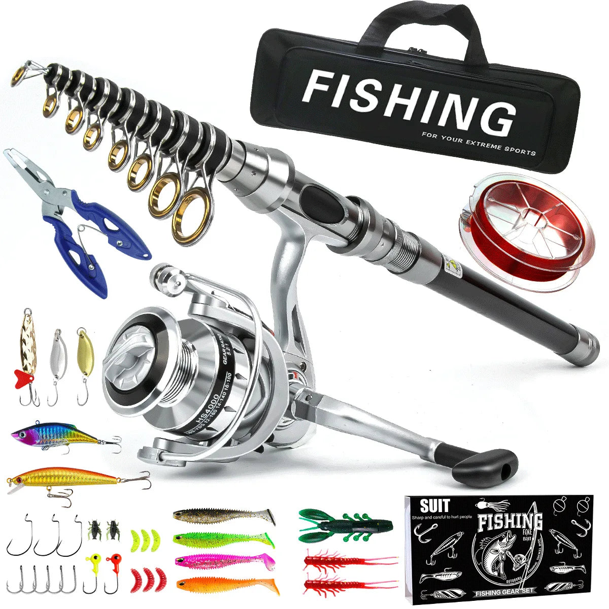 Telescopic Fishing Rod and Spinning Reel Combo Set with Tackle and Carry Case