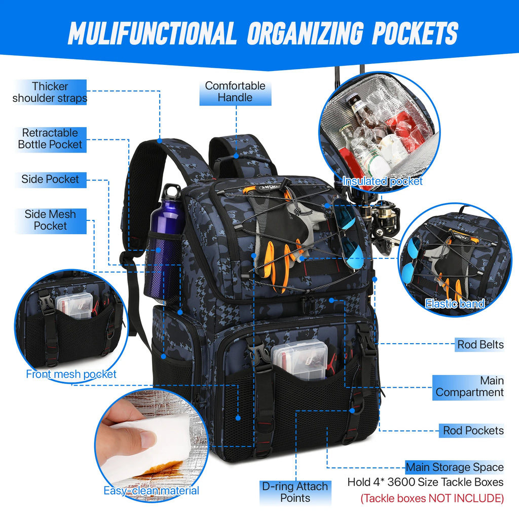 45L Fishing Backpack with Cooler Compartment Rod Holders and Rain Cover