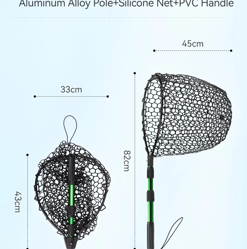 Foldable Telescopic Fishing Landing Net with Silicone Mesh and Aluminium Handle