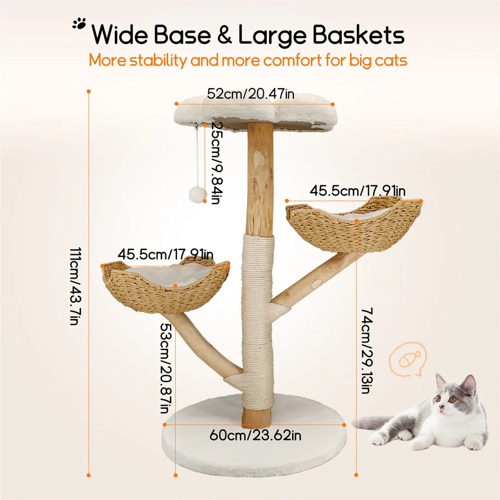 110cm Natural Wood Cat Tree with Scratching Post Basket Bed and Hanging Toy for Indoor Cats