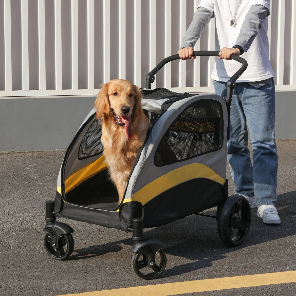 Pet Stroller Foldable 4 Wheel Carrier with Breathable Mesh and Lockable Wheels