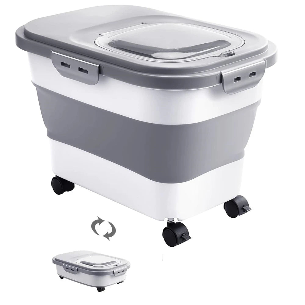 Foldable Pet Food Storage Container with Wheels and Clear Lid Large Capacity Dry Food Bin