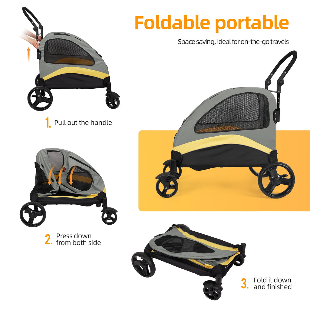 Pet Stroller Foldable 4 Wheel Carrier with Breathable Mesh and Lockable Wheels