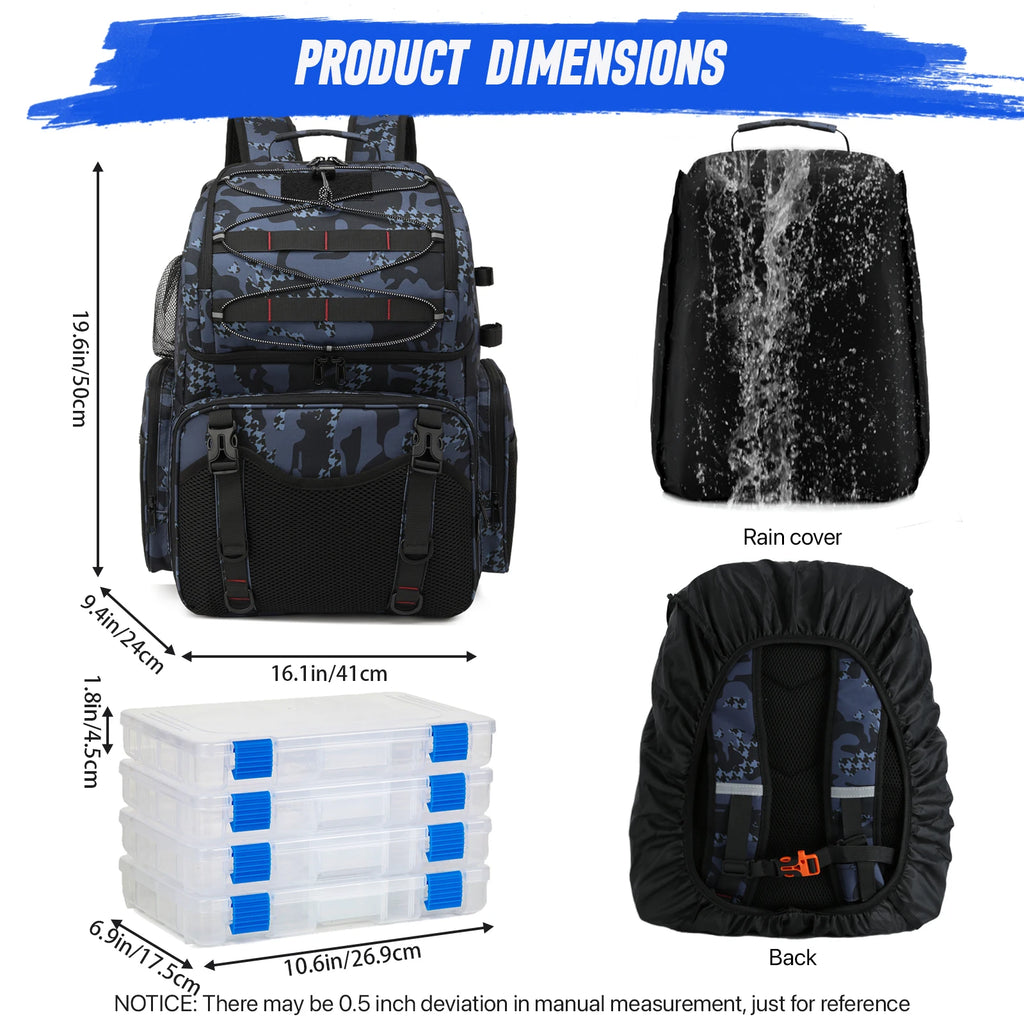 45L Fishing Backpack with Cooler Compartment Rod Holders and Rain Cover