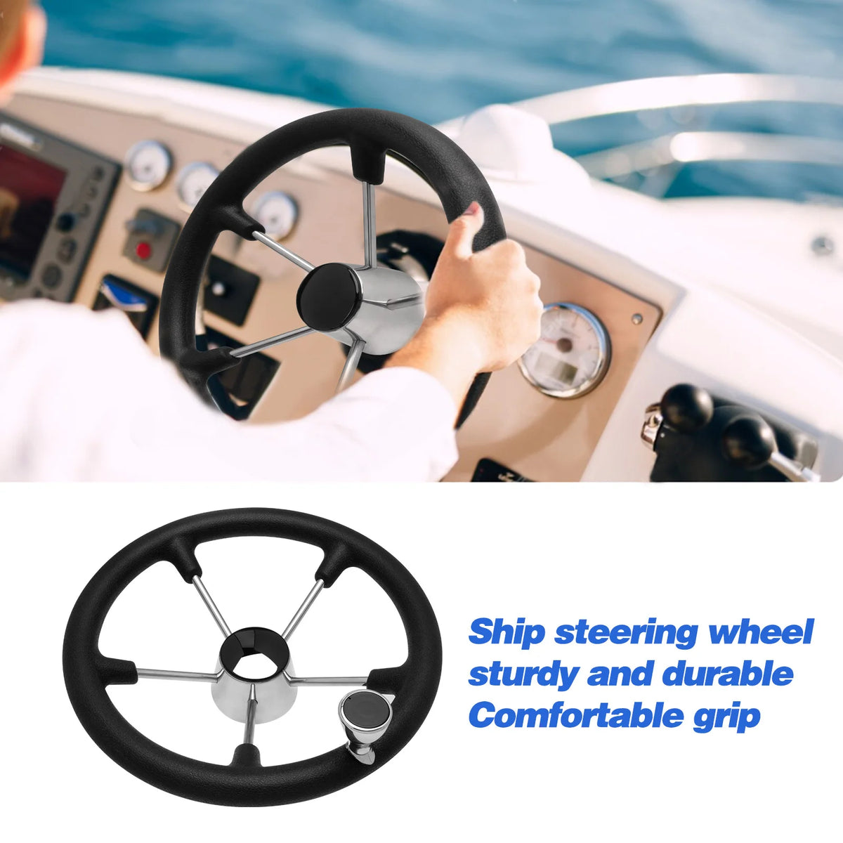 Boat Steering Wheel 13.5 Inch Stainless Steel 5 Spoke Marine Wheel with Control Knob