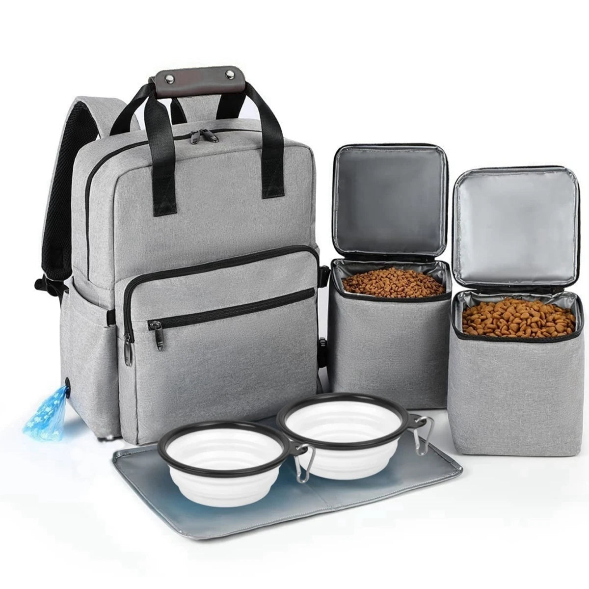 Portable Pet Travel Backpack Set with Food Containers and Collapsible Bowls