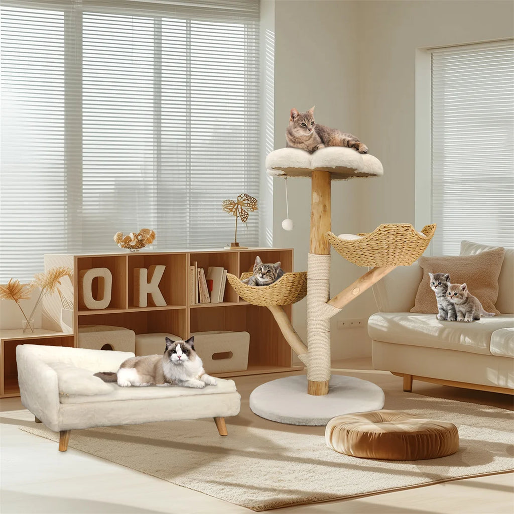 110cm Natural Wood Cat Tree with Scratching Post Basket Bed and Hanging Toy for Indoor Cats