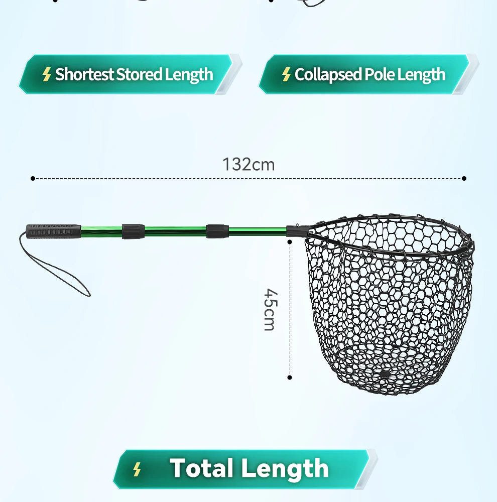 Foldable Telescopic Fishing Landing Net with Silicone Mesh and Aluminium Handle