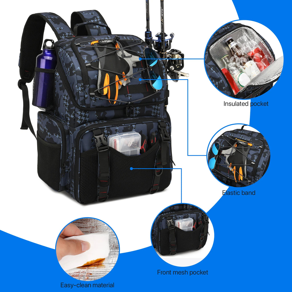 45L Fishing Backpack with Cooler Compartment Rod Holders and Rain Cover