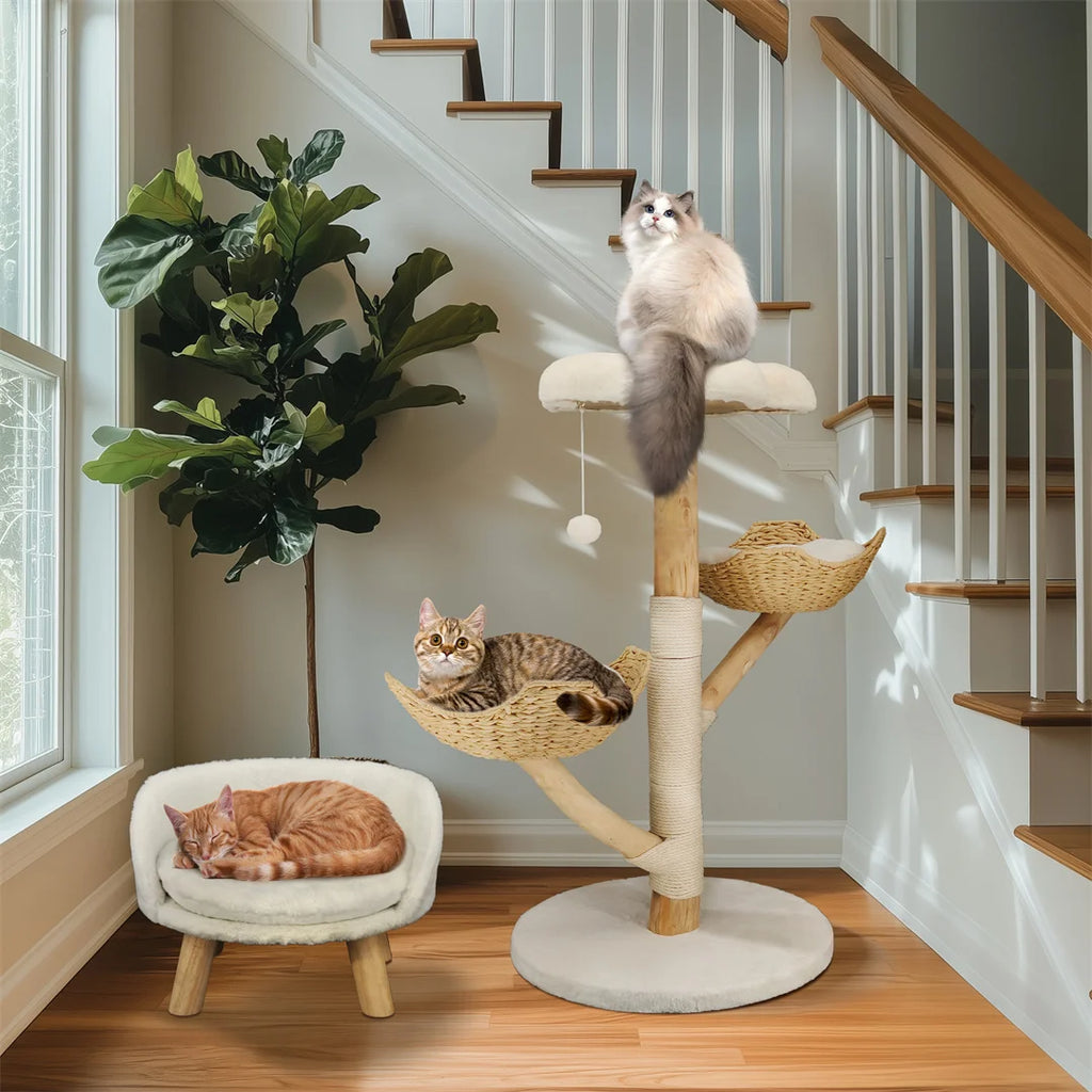 110cm Natural Wood Cat Tree with Scratching Post Basket Bed and Hanging Toy for Indoor Cats