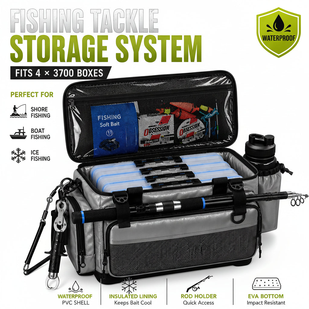 Portable Fishing Tackle Storage Bag with Insulated Cooler Compartment Fits 4 x 3700 Tackle Boxes