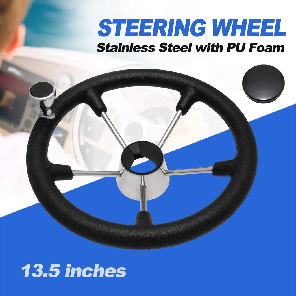 Boat Steering Wheel 13.5 Inch Stainless Steel 5 Spoke Marine Wheel with Control Knob