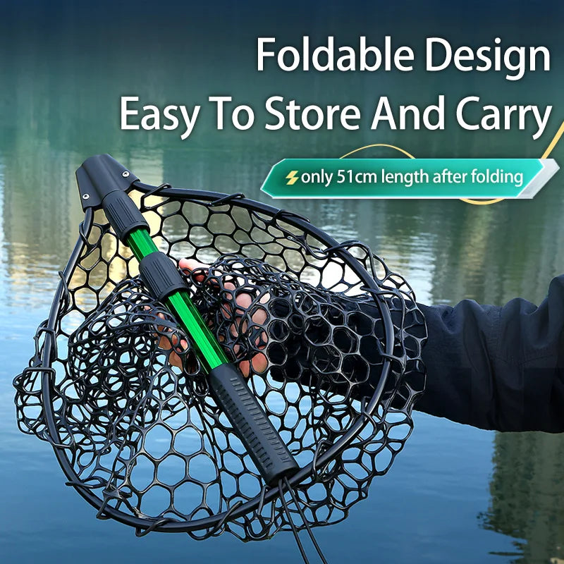 Foldable Telescopic Fishing Landing Net with Silicone Mesh and Aluminium Handle